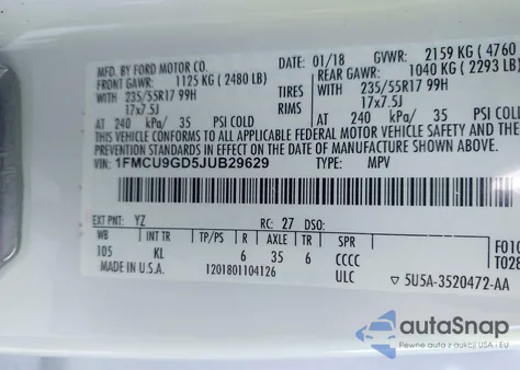 2018 Ford Escape Se z USA, uszkodzony, nr VIN 1FMCU9GD5JUB29629